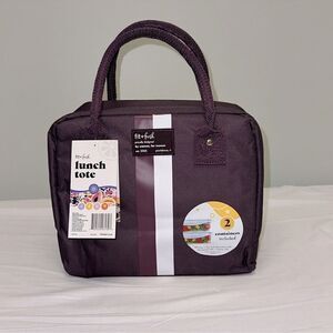 fit + fresh Bloomington Plum Stripe Lunch Tote Bag w/ Handles 1L Containers x 2